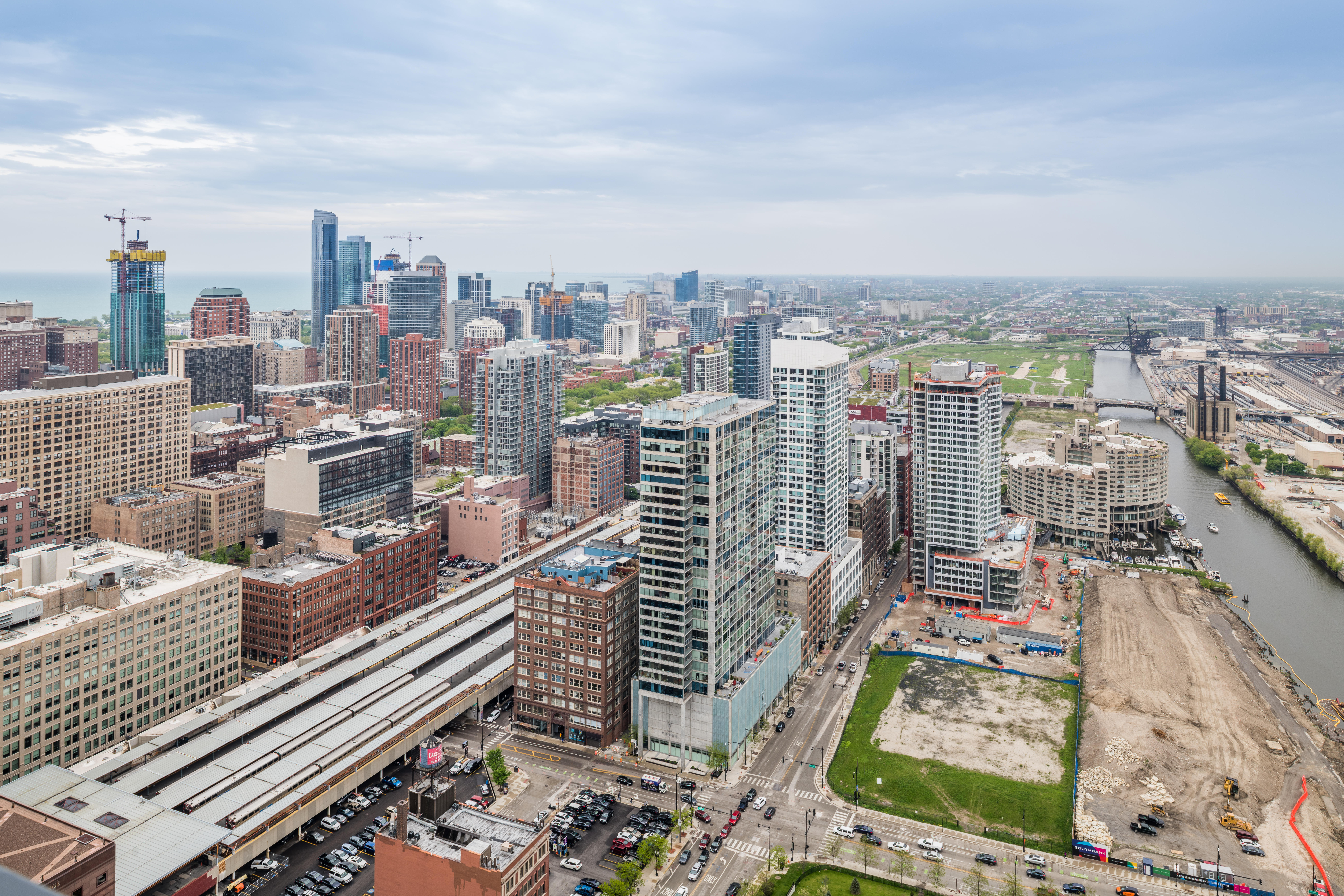 Aerial view of Chicago River and South Loop neighborhood