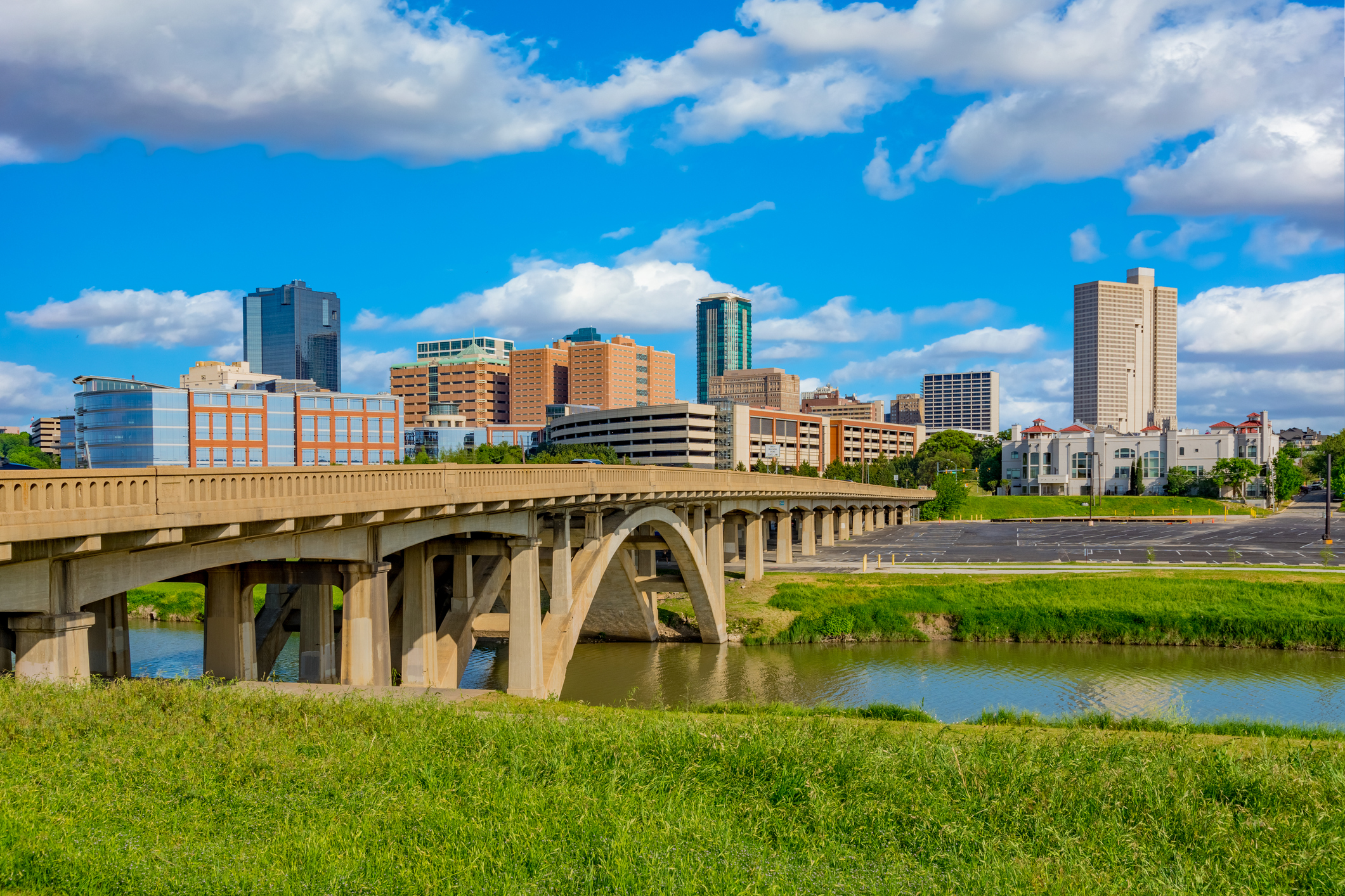 Fort Worth skyline cityscape with spring foliage,TX